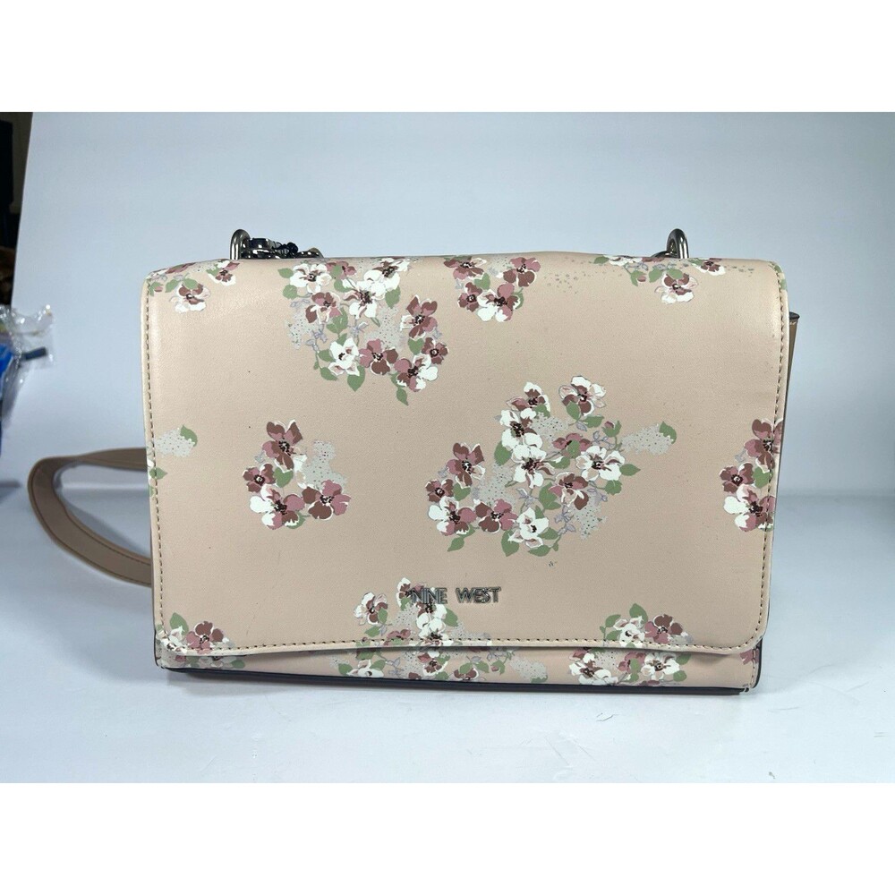 Nine West Beige Floral Crossbody Bag Chain Accents Snap Closure Detachable Str